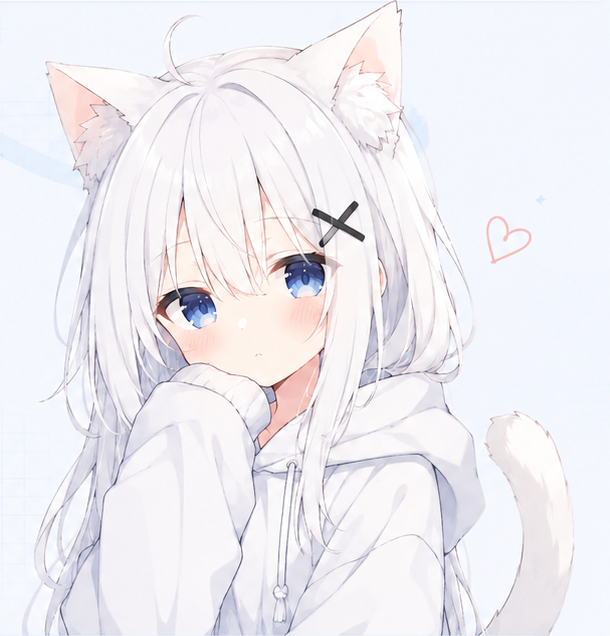 White-haired cat girl in a white hoodie with blue eyes